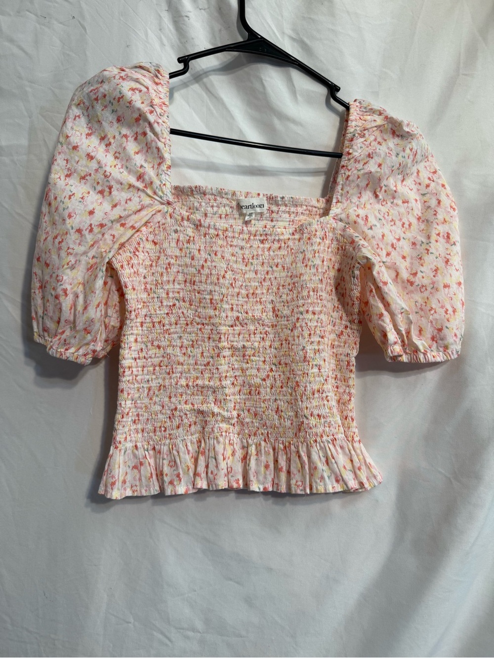 Heartloom Cream and Pink Floral Smocked Puff Sleeve Crop Top